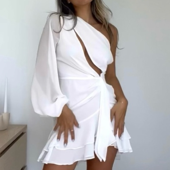 Michael Costello White One Shoulder Mini Dress XS Chiffon Ruched Ruffle $248 NEW - Picture 8 of 10